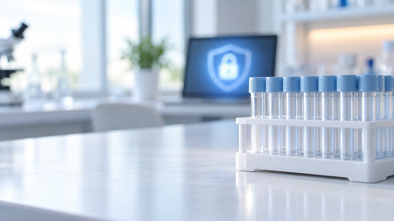Sealed sample tubes in a rack on a laboratory bench, with a padlock shield on a laptop behind them