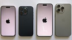 Four iPhones shown front and back in different finishes, from the iPhone 15 Pro and 16 range covered by the Apple Siri Apple Intelligence settlement.